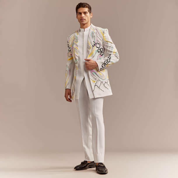 White Indo Western Set For Men With Hand Painted Work White Indo Western Set For Men With Hand Painted Work