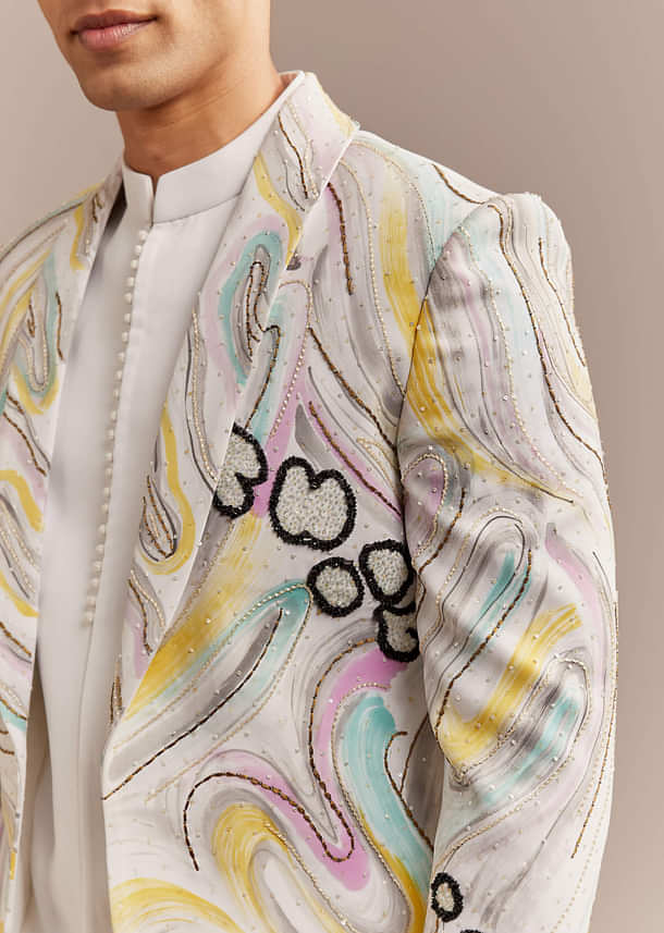 White Indo Western Set For Men With Hand Painted Work White Indo Western Set For Men With Hand Painted Work