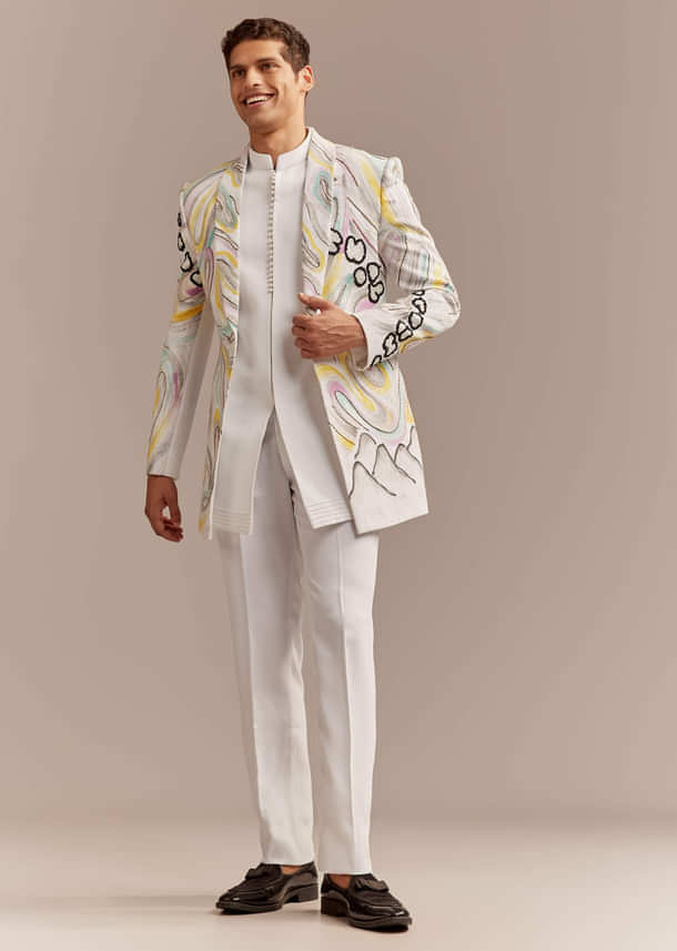 White Indo Western Set For Men With Hand Painted Work White Indo Western Set For Men With Hand Painted Work