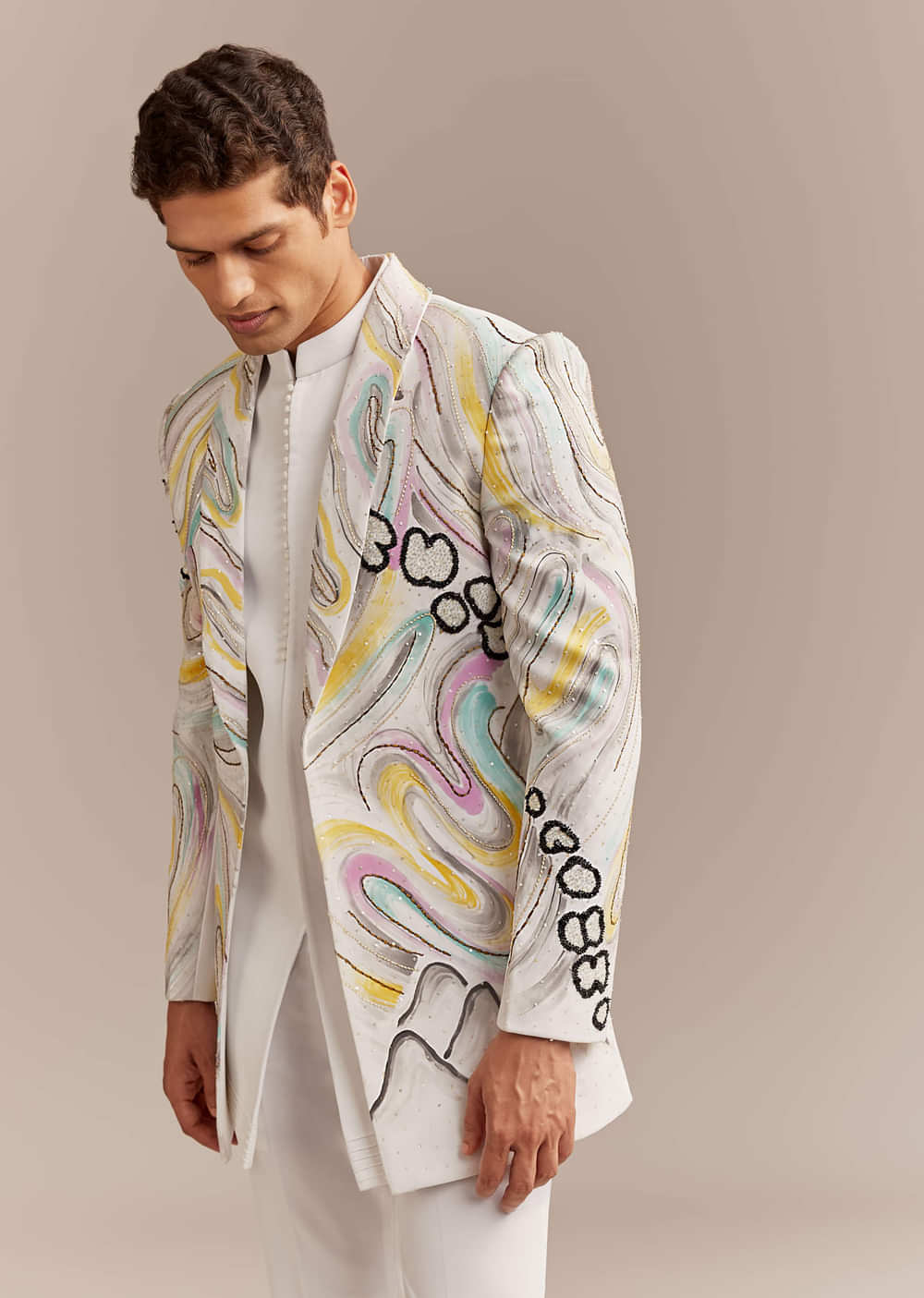 White Indo Western Set For Men With Hand Painted Work