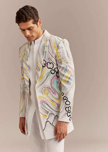White Indo Western Set For Men With Hand Painted Work