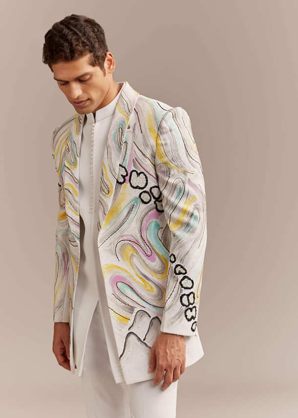 White Indo Western Set For Men With Hand Painted Work White Indo Western Set For Men With Hand Painted Work