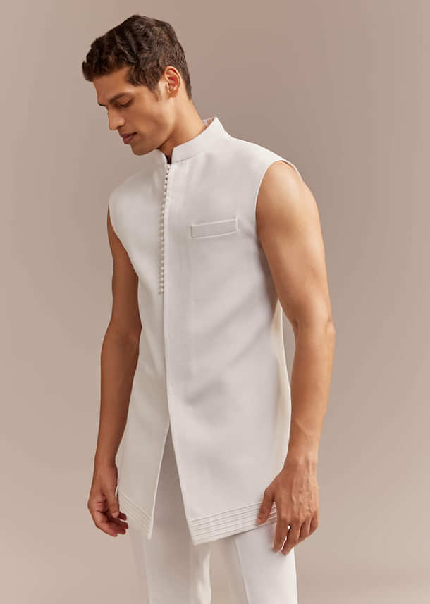 White Indo Western Set For Men With Hand Painted Work White Indo Western Set For Men With Hand Painted Work