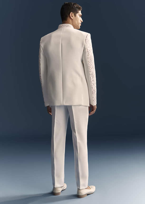 White Jodhpuri Suit For Men With Thread And Moti Embroidery White Jodhpuri Suit For Men With Thread And Moti Embroidery