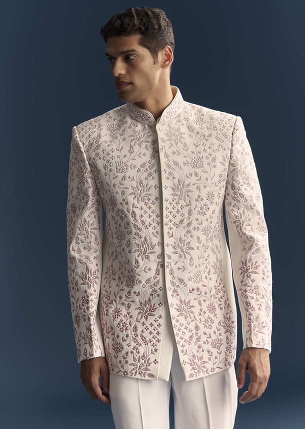 White Jodhpuri Suit For Men With Thread And Moti Embroidery White Jodhpuri Suit For Men With Thread And Moti Embroidery