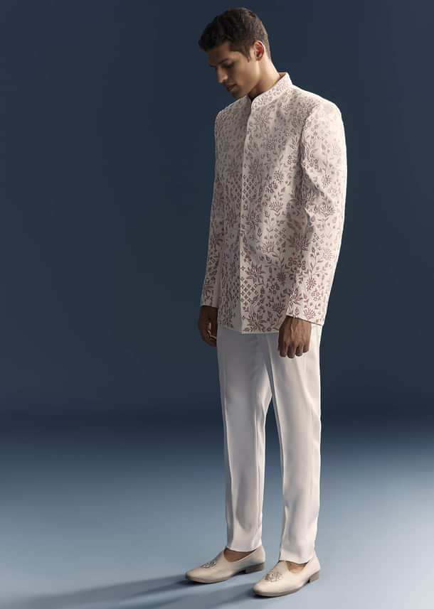 White Jodhpuri Suit For Men With Thread And Moti Embroidery White Jodhpuri Suit For Men With Thread And Moti Embroidery