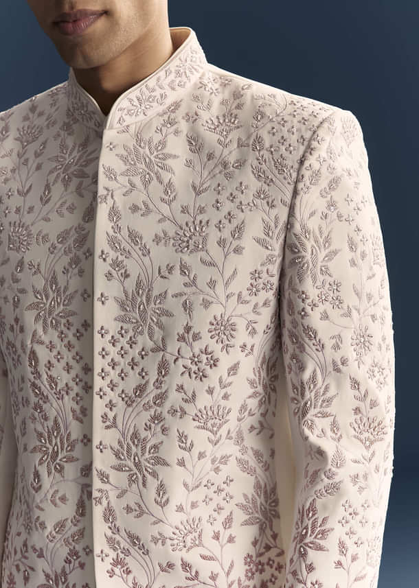 White Jodhpuri Suit For Men With Thread And Moti Embroidery White Jodhpuri Suit For Men With Thread And Moti Embroidery