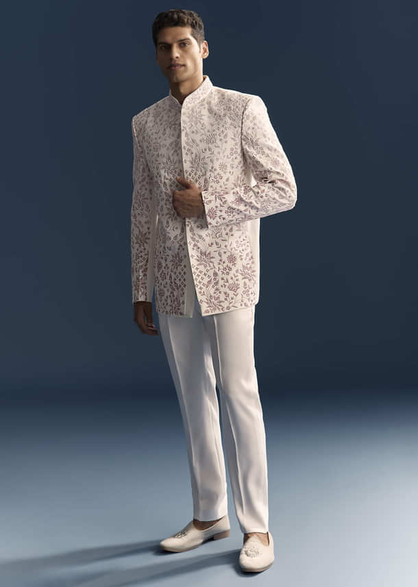 White Jodhpuri Suit For Men With Thread And Moti Embroidery White Jodhpuri Suit For Men With Thread And Moti Embroidery