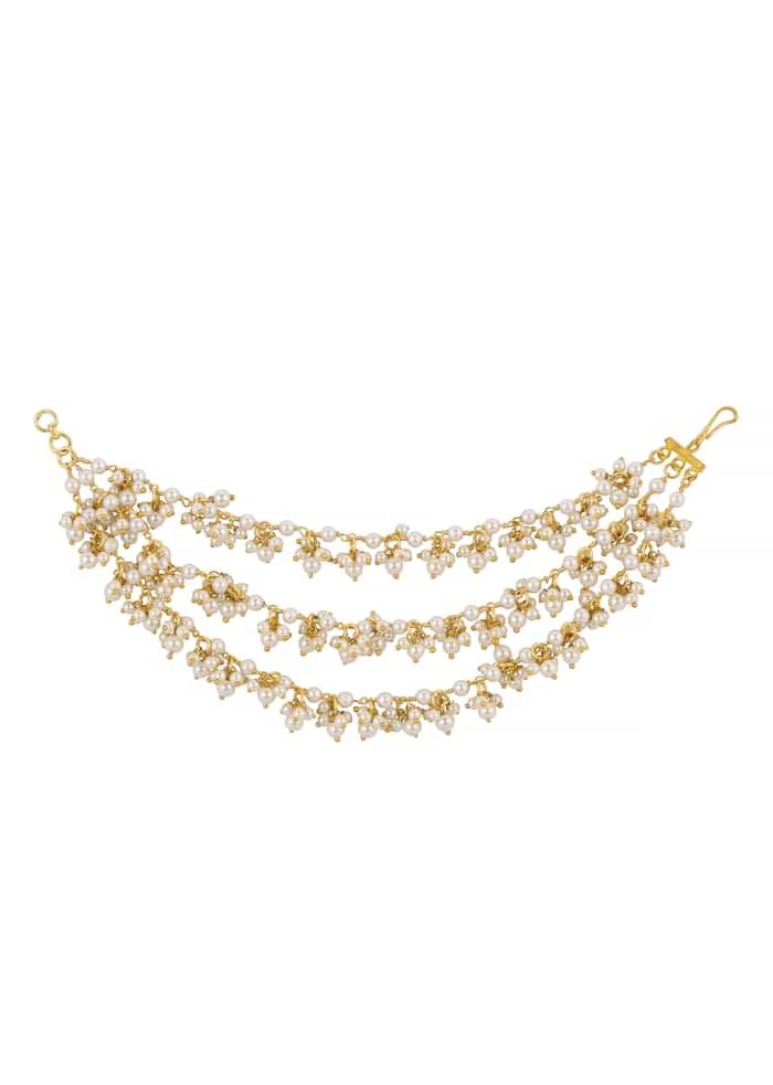 White Kundan Ear Chain With Pearl Drops In Mix Metal