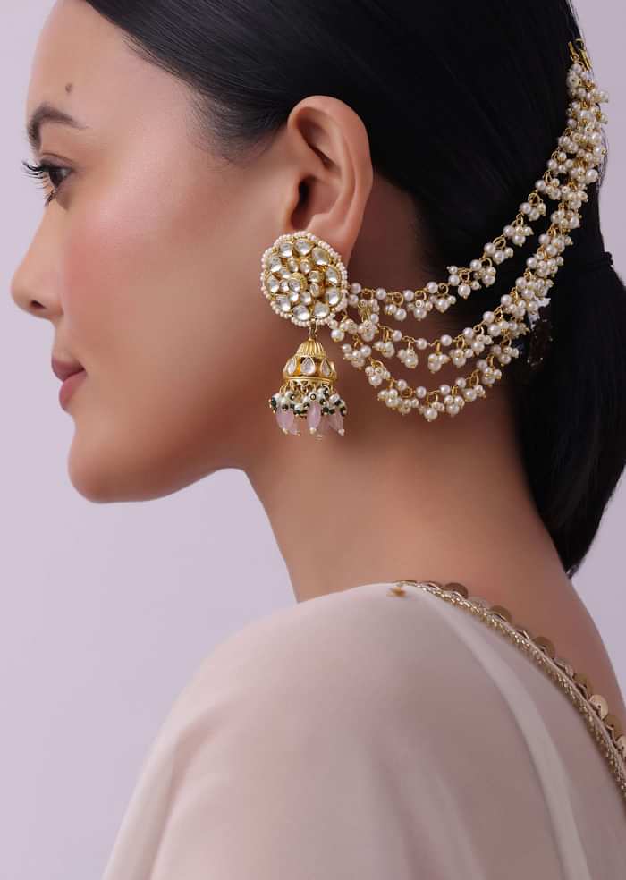 White Kundan Ear Chain With Pearl Drops In Mix Metal