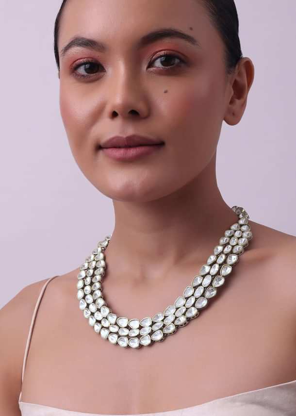 White Layered Polki Necklace Set With Matching Danglers