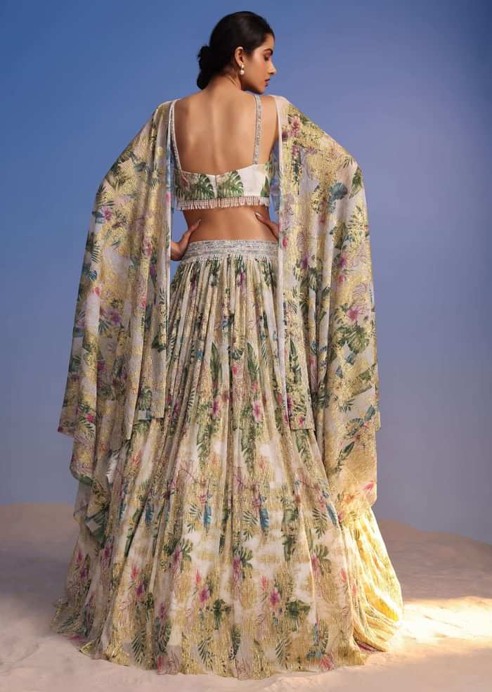 White Lehenga Set In Crush With Floral Print And Embroidered Choker Dupatta