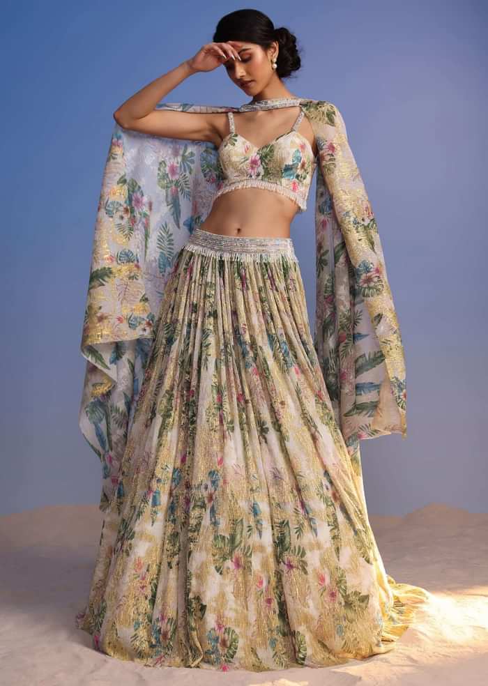 White Lehenga Set In Crush With Floral Print And Embroidered Choker Dupatta