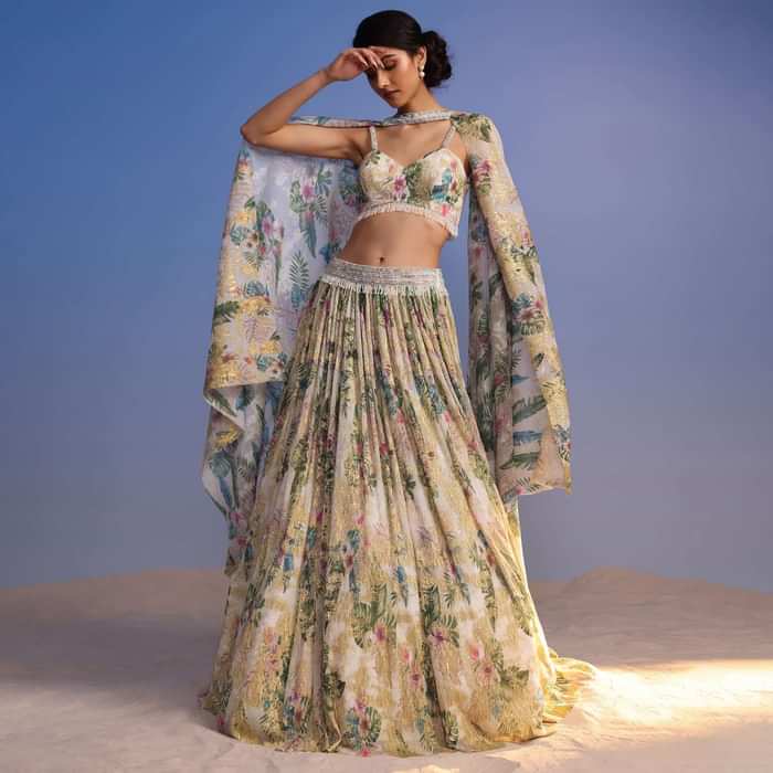 White Lehenga Set In Crush With Floral Print And Embroidered Choker Dupatta