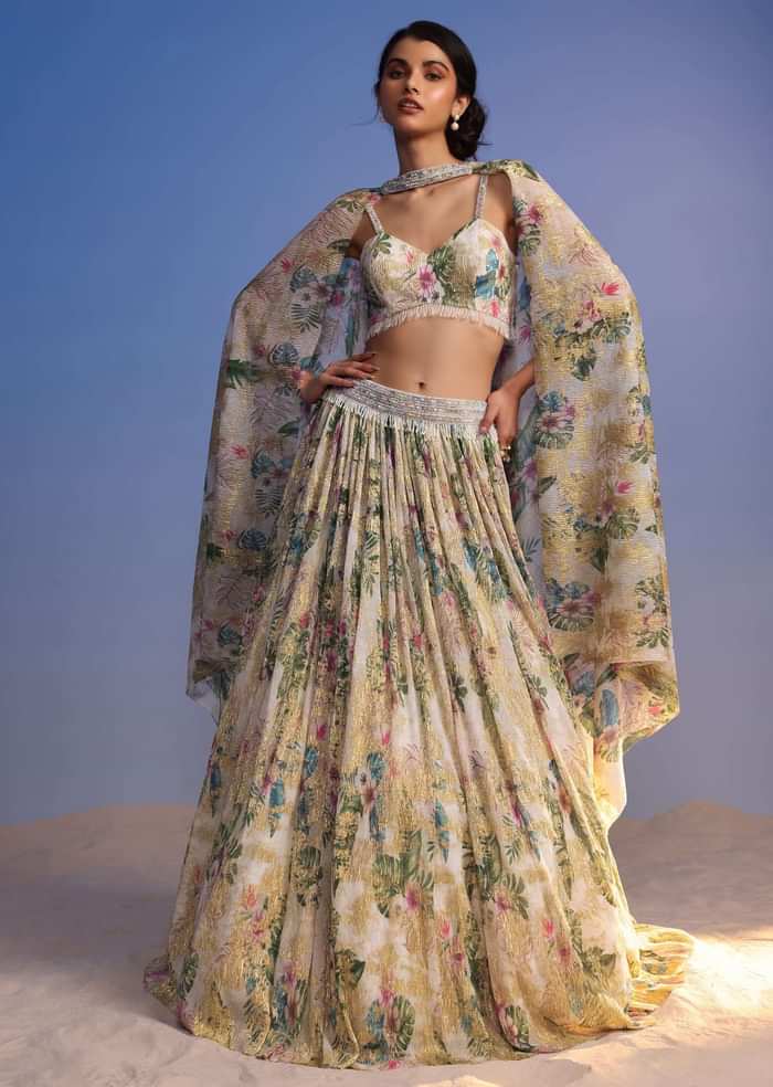 White Lehenga Set In Crush With Floral Print And Embroidered Choker Dupatta