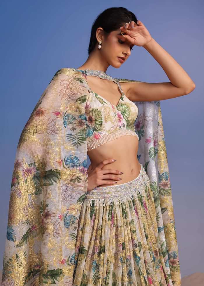 White Lehenga Set In Crush With Floral Print And Embroidered Choker Dupatta
