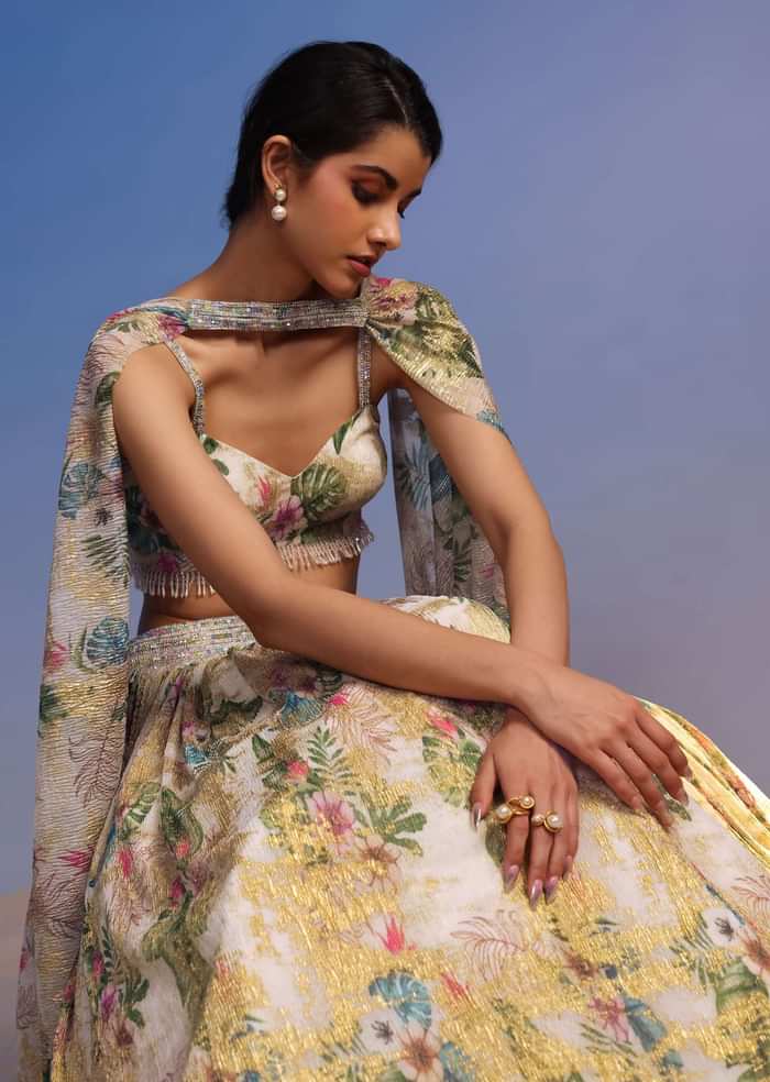 White Lehenga Set In Crush With Floral Print And Embroidered Choker Dupatta