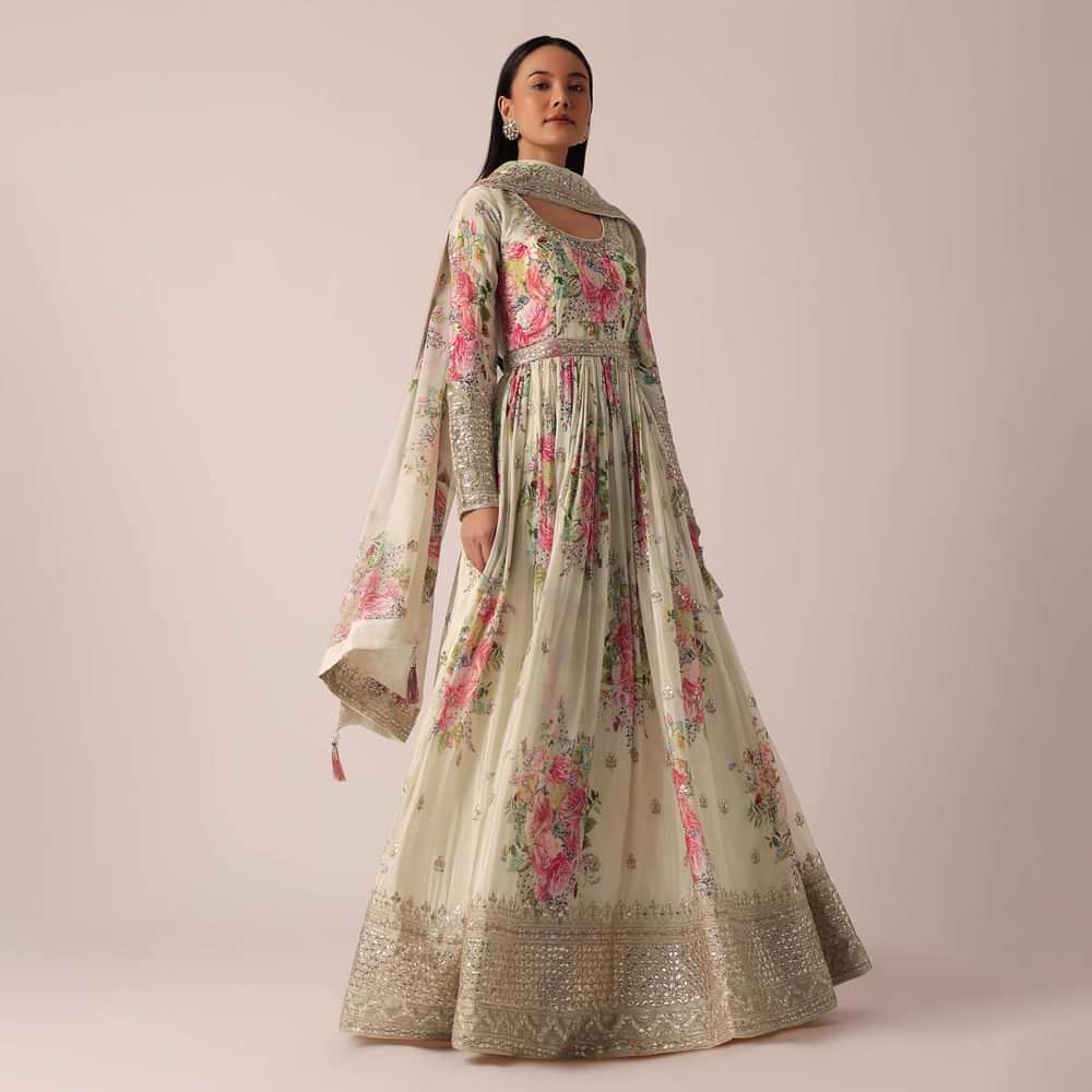 White Anarkali Set With Foil Work