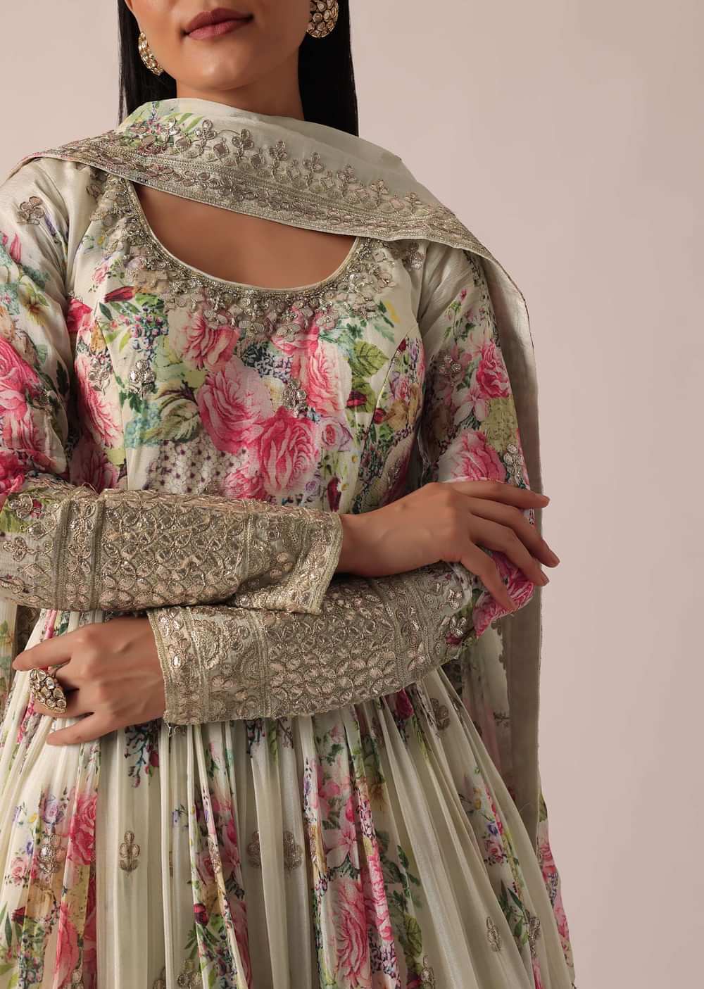 White Anarkali Set With Foil Work
