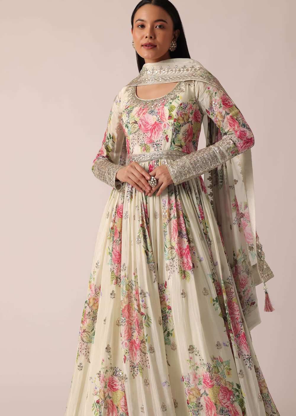 White Anarkali Set With Foil Work