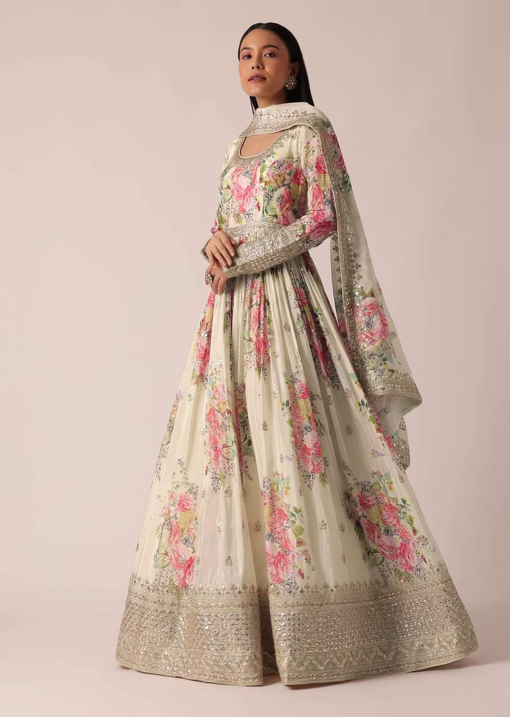 White Anarkali Set With Foil Work