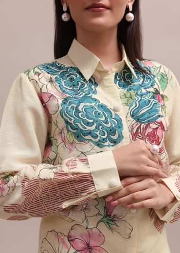 White Linen Floral Stripe Printed Sequin Worked Co-ord Set For Summer