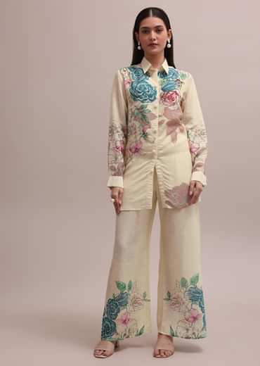 White Linen Floral Stripe Printed Sequin Worked Co-ord Set For Summer
