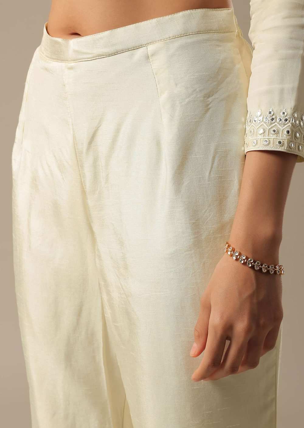 White Mirror Work Kurta Palazzo Set With Banarasi Dupatta