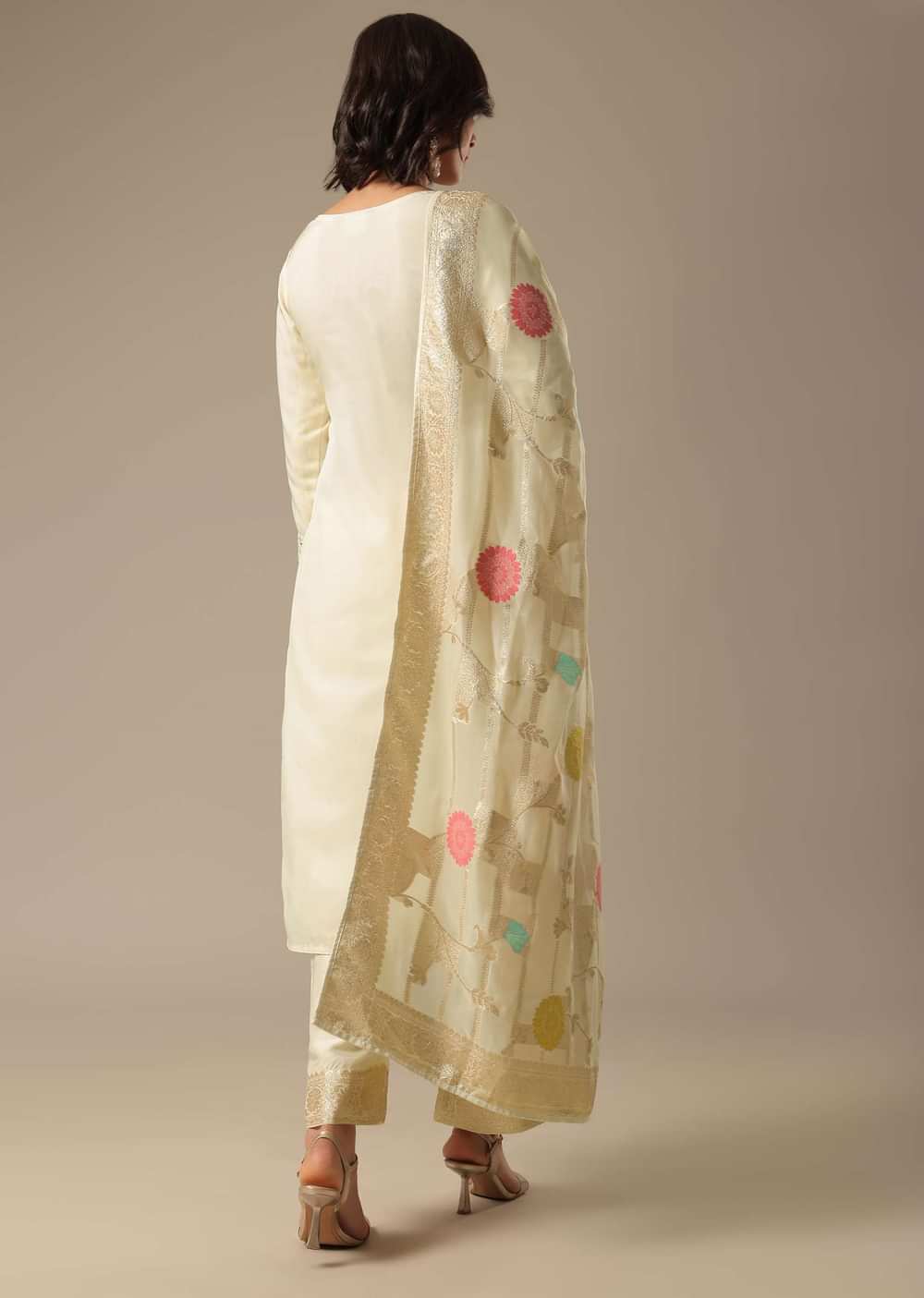 White Mirror Work Kurta Palazzo Set With Banarasi Dupatta