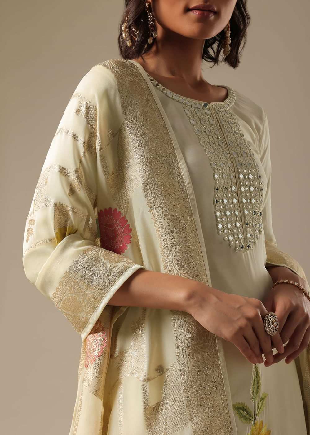 White Mirror Work Kurta Palazzo Set With Banarasi Dupatta