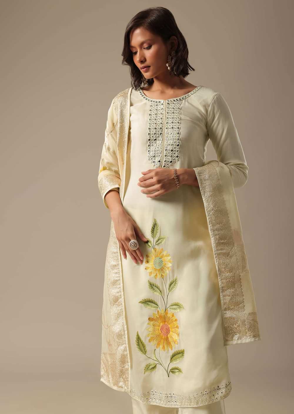 White Mirror Work Kurta Palazzo Set With Banarasi Dupatta