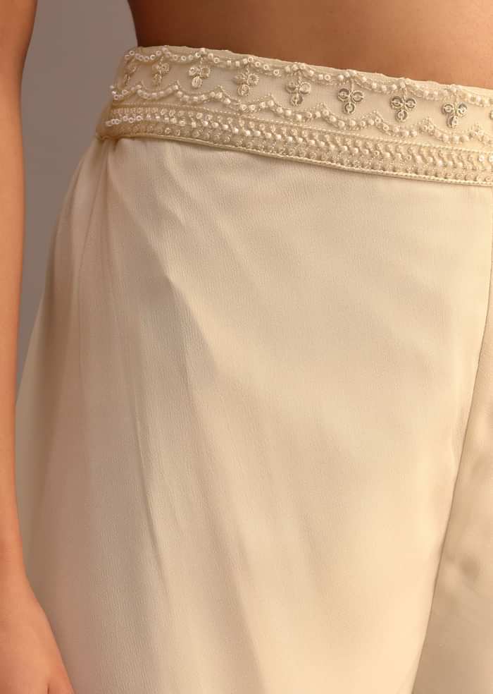 White Moti Work Croptop Palazzo Set With Cape