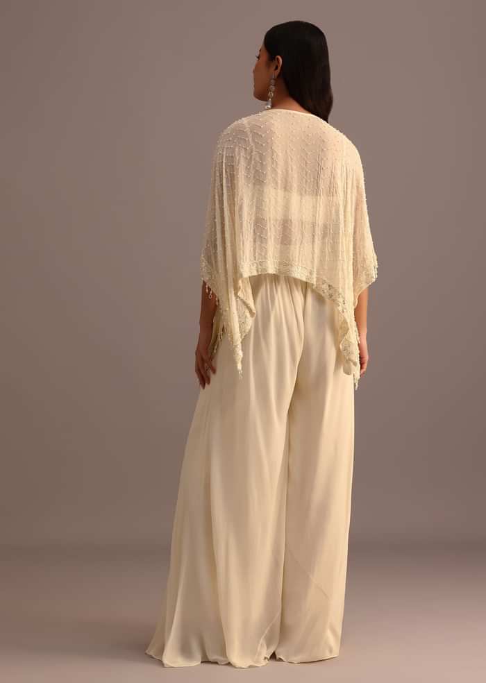 White Moti Work Croptop Palazzo Set With Cape