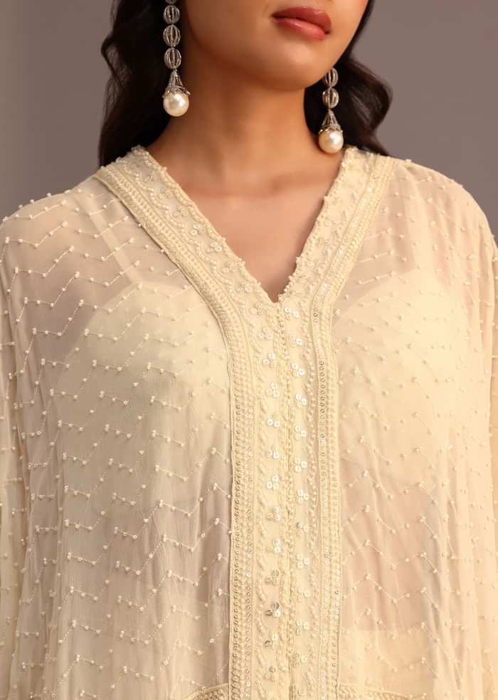 White Moti Work Croptop Palazzo Set With Cape