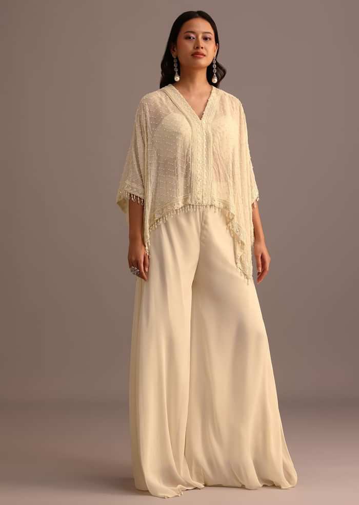 White Moti Work Croptop Palazzo Set With Cape