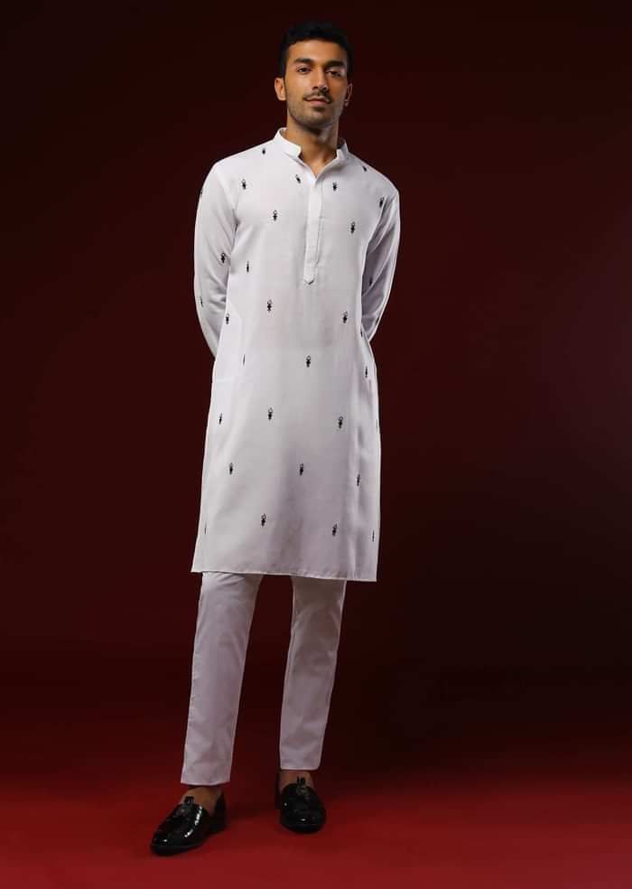 White Nehru Jacket Set In Linen With Multi Colored Resham Embroidered Floral Motifs