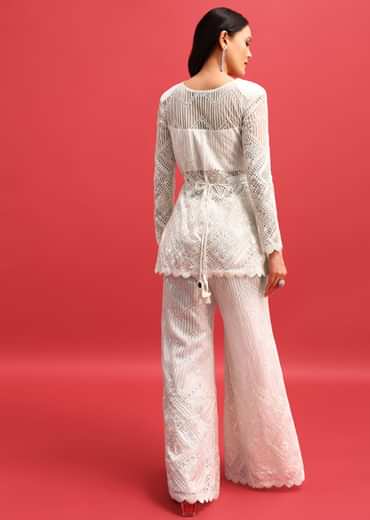 White Net Kurta Palazzo Set In Sequin Work