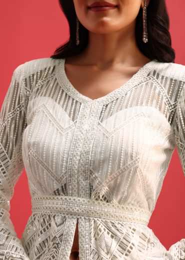 White Net Kurta Palazzo Set In Sequin Work