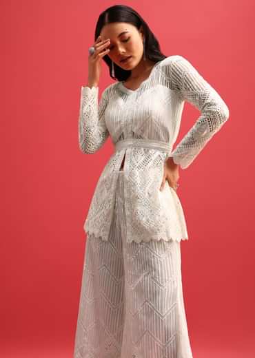 White Net Kurta Palazzo Set In Sequin Work