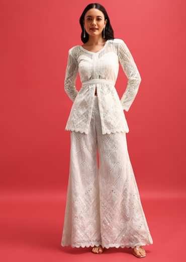 White Net Kurta Palazzo Set In Sequin Work