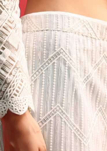 White Net Kurta Palazzo Set In Sequin Work