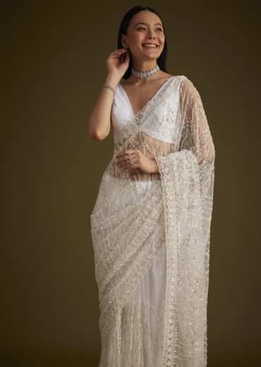 White Net Saree With Sequins And Stones Embroidery