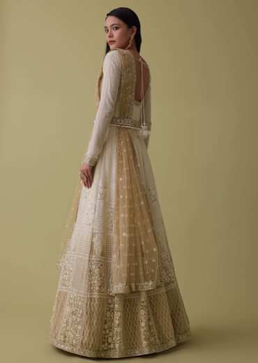 White Ombre Georgette Anarkali Suit Set With Lucknowi Embroidery