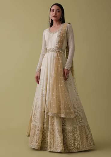 White Ombre Georgette Anarkali Suit Set With Lucknowi Embroidery