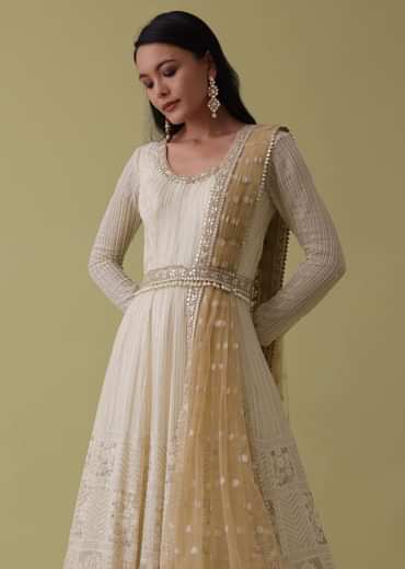 White Ombre Georgette Anarkali Suit Set With Lucknowi Embroidery
