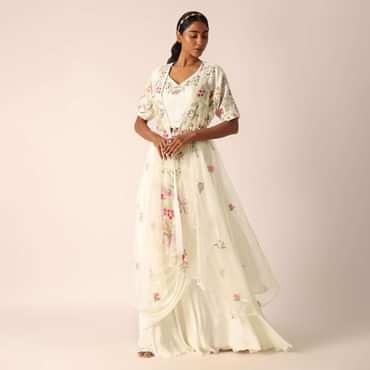 White Organza Jacket And Silk Lehenga Set With Embroidered Detail