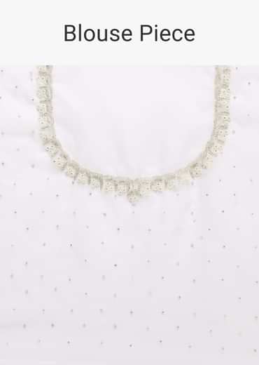 White Organza Saree With Scallop Cutdana Border And Unstitched Blouse Piece