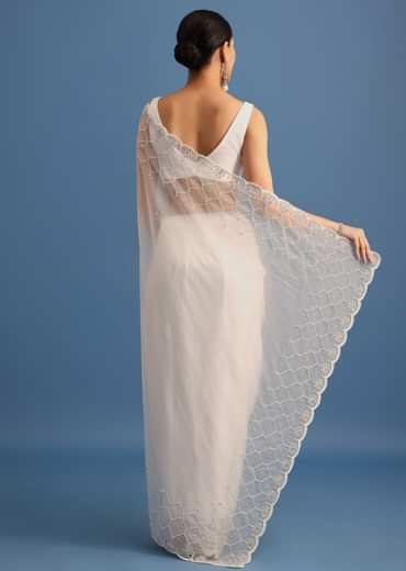 White Organza Saree With Beads And Stone Scallop Border And Unstitched Blouse
