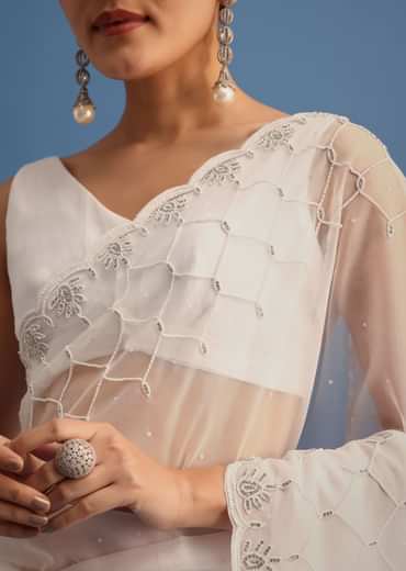 White Organza Saree With Beads And Stone Scallop Border And Unstitched Blouse