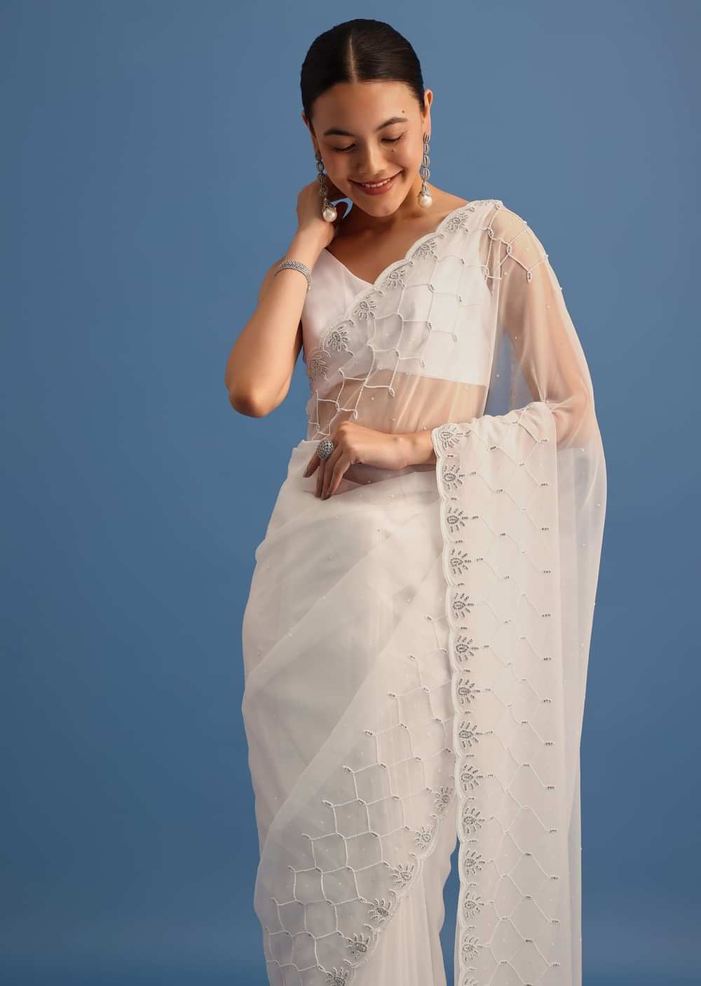 White Organza Saree With Beads And Stone Scallop Border And Unstitched Blouse